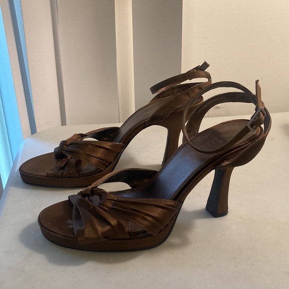 90s “Bijou” Mudd Brown Fabric Uppers Heels Sz 8 M - Picture 4 of 10